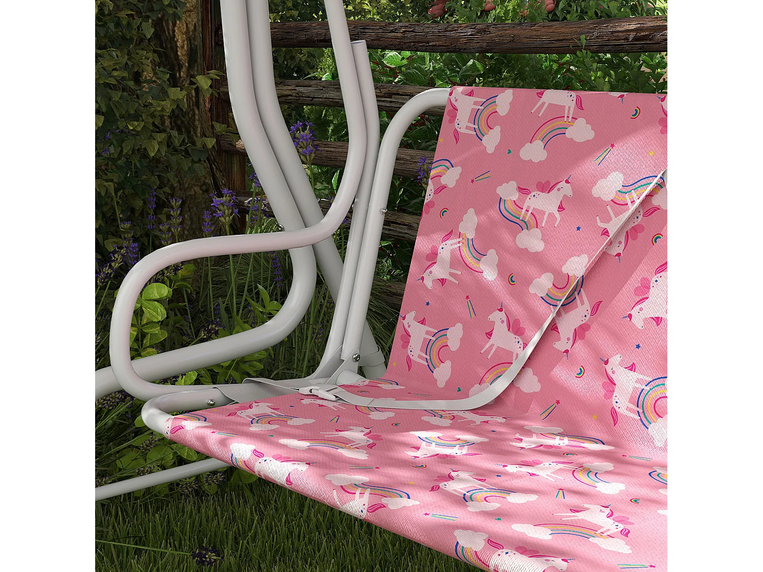 Dondolo per bambini a due posti in acciaio e oxford rosa