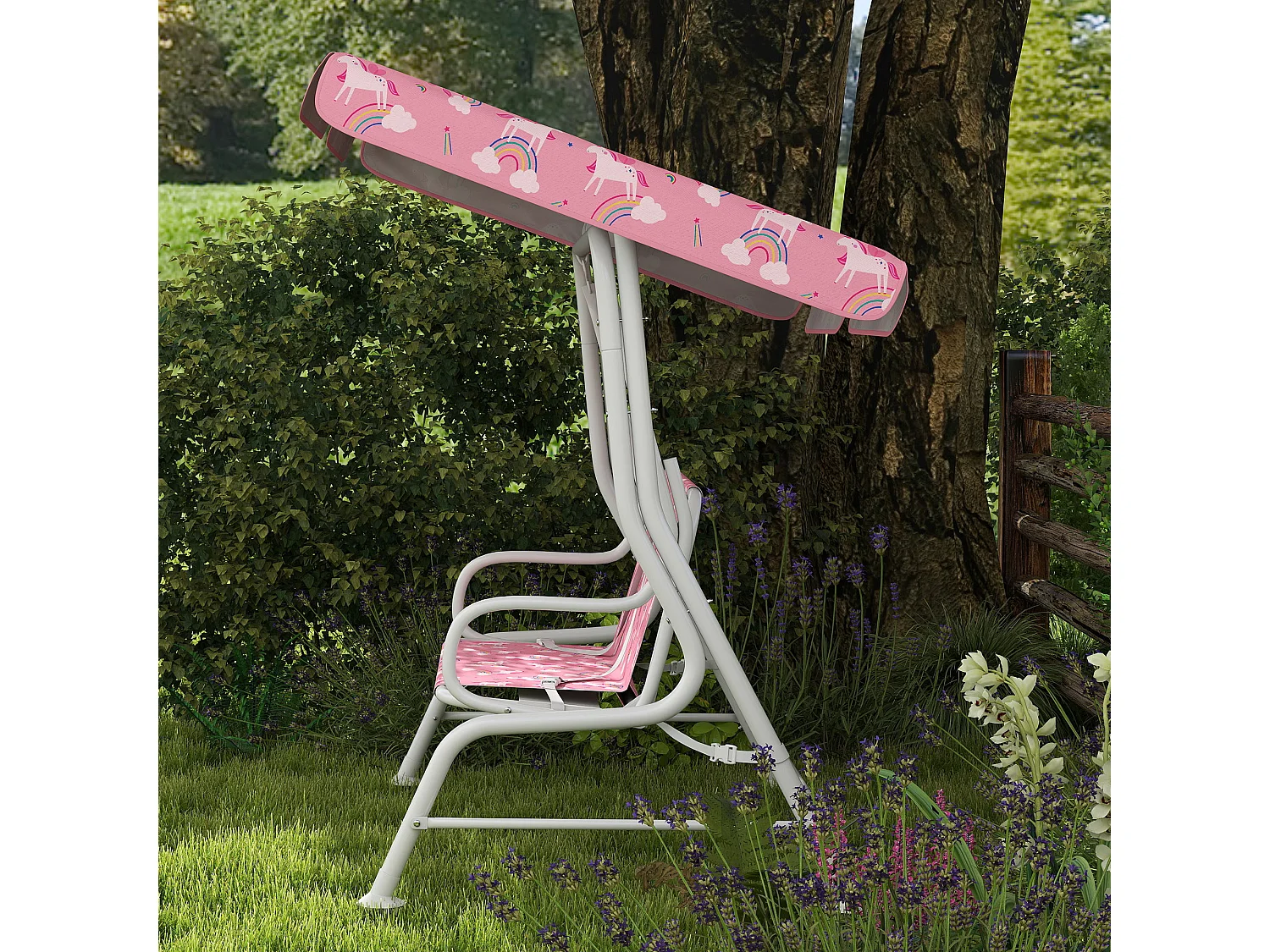 Dondolo per bambini a due posti in acciaio e oxford rosa