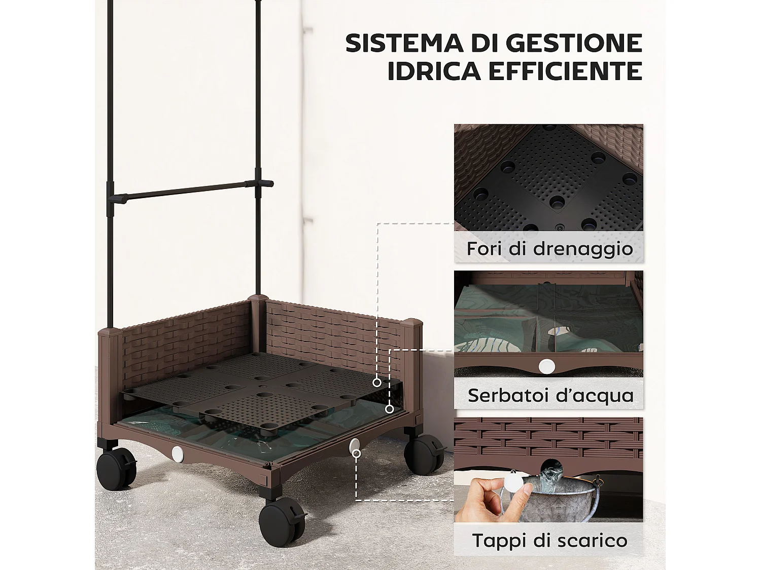 Fioriera rialzata con traliccio ruote e autoirrigazione marrone