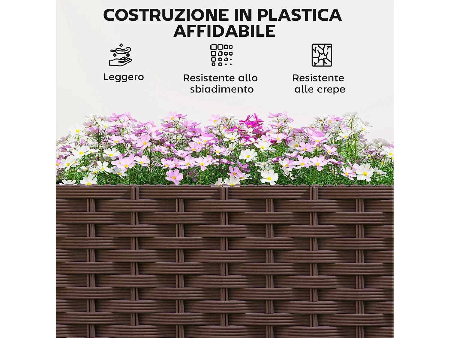 Fioriera rialzata con traliccio ruote e autoirrigazione marrone