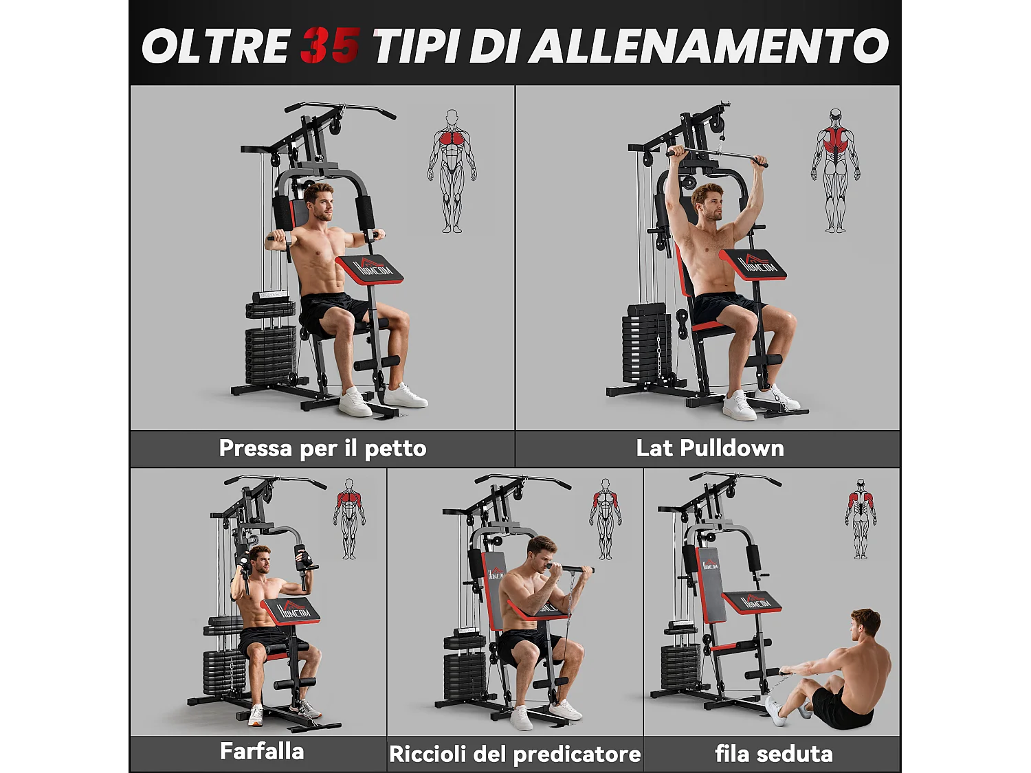 Power tower con pesi da 65kg in acciaio nero rosso