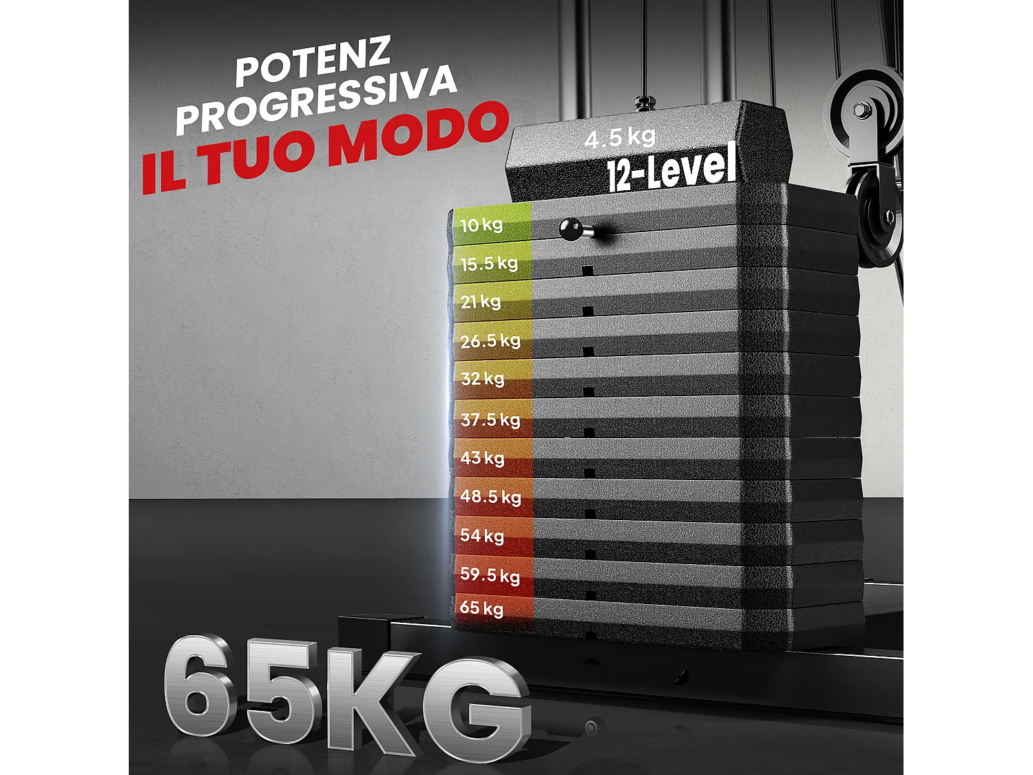 Power tower con pesi da 65kg in acciaio nero rosso