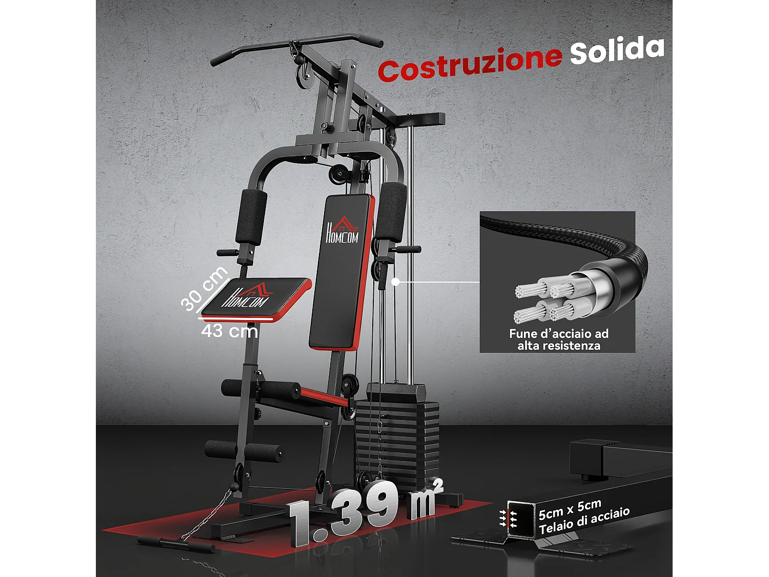 Power tower con pesi da 65kg in acciaio nero rosso
