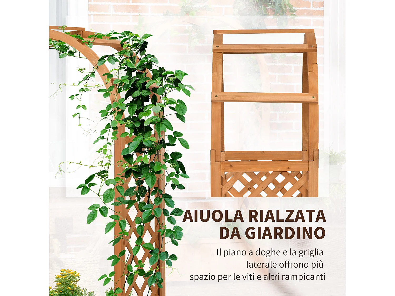 Fioriera da esterno con arco decorativo e grate da rampicanti