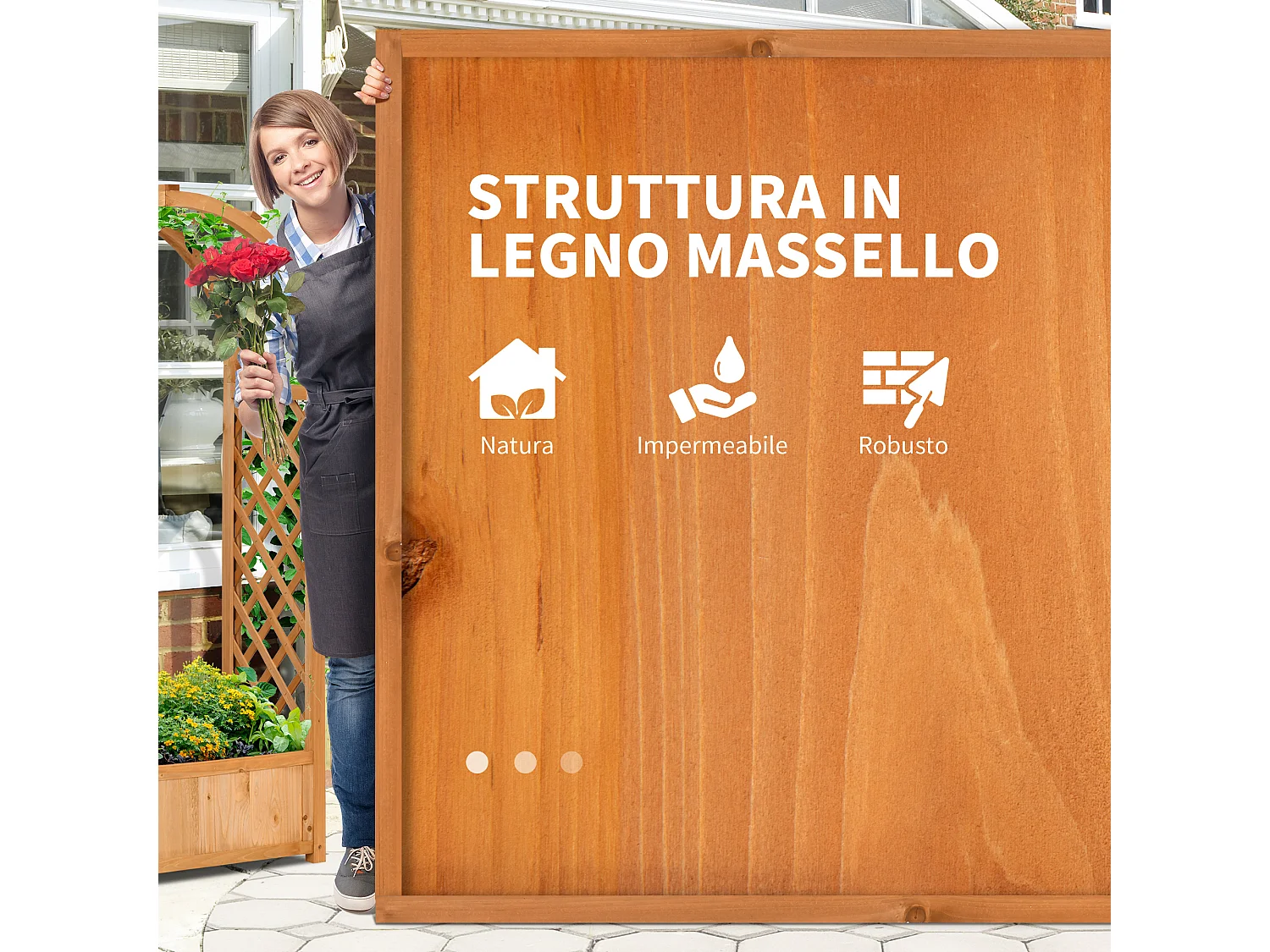 Fioriera da esterno con arco decorativo e grate da rampicanti