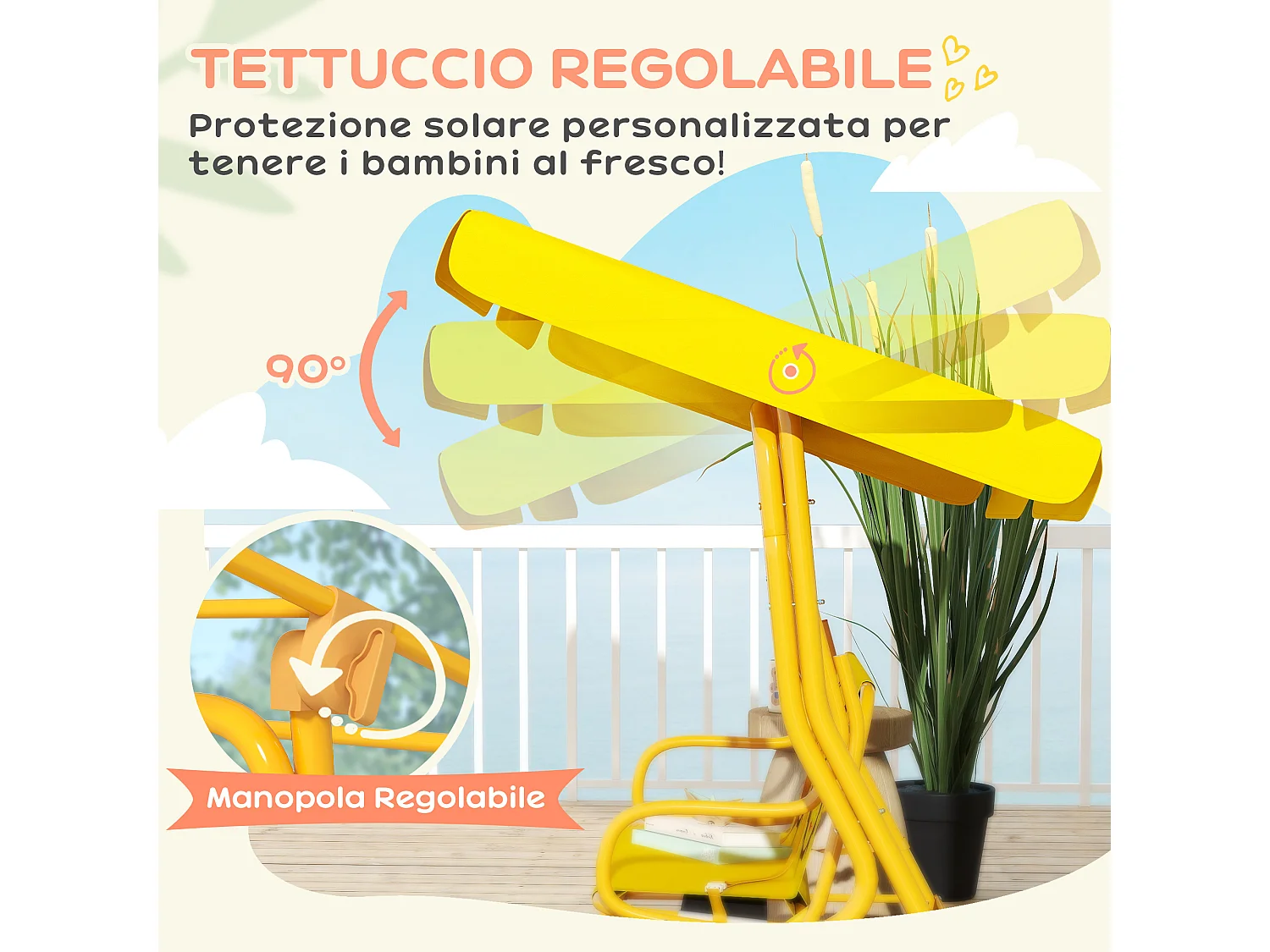 Dondolo per bambini da esterno 2 posti con tettuccio regolabile giallo