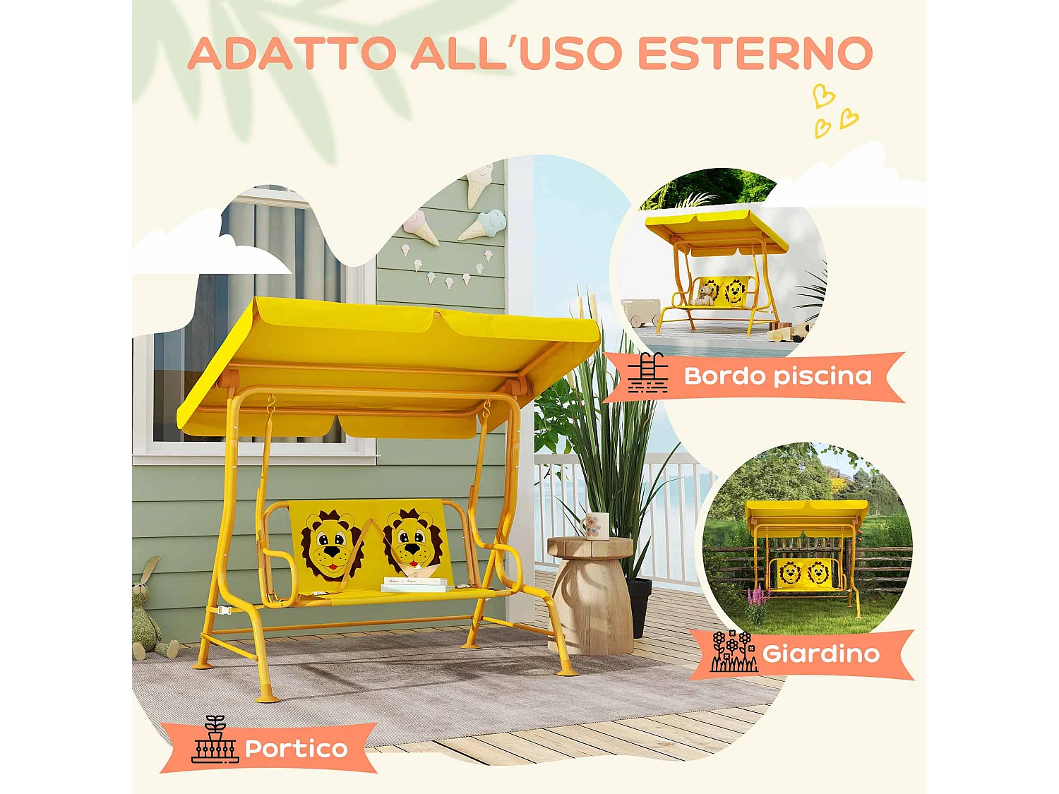 Dondolo per bambini da esterno 2 posti con tettuccio regolabile giallo