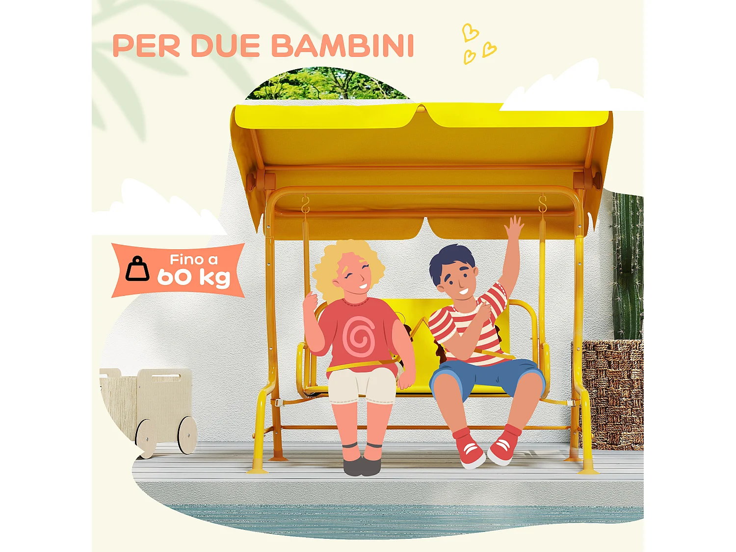 Dondolo per bambini da esterno 2 posti con tettuccio regolabile giallo