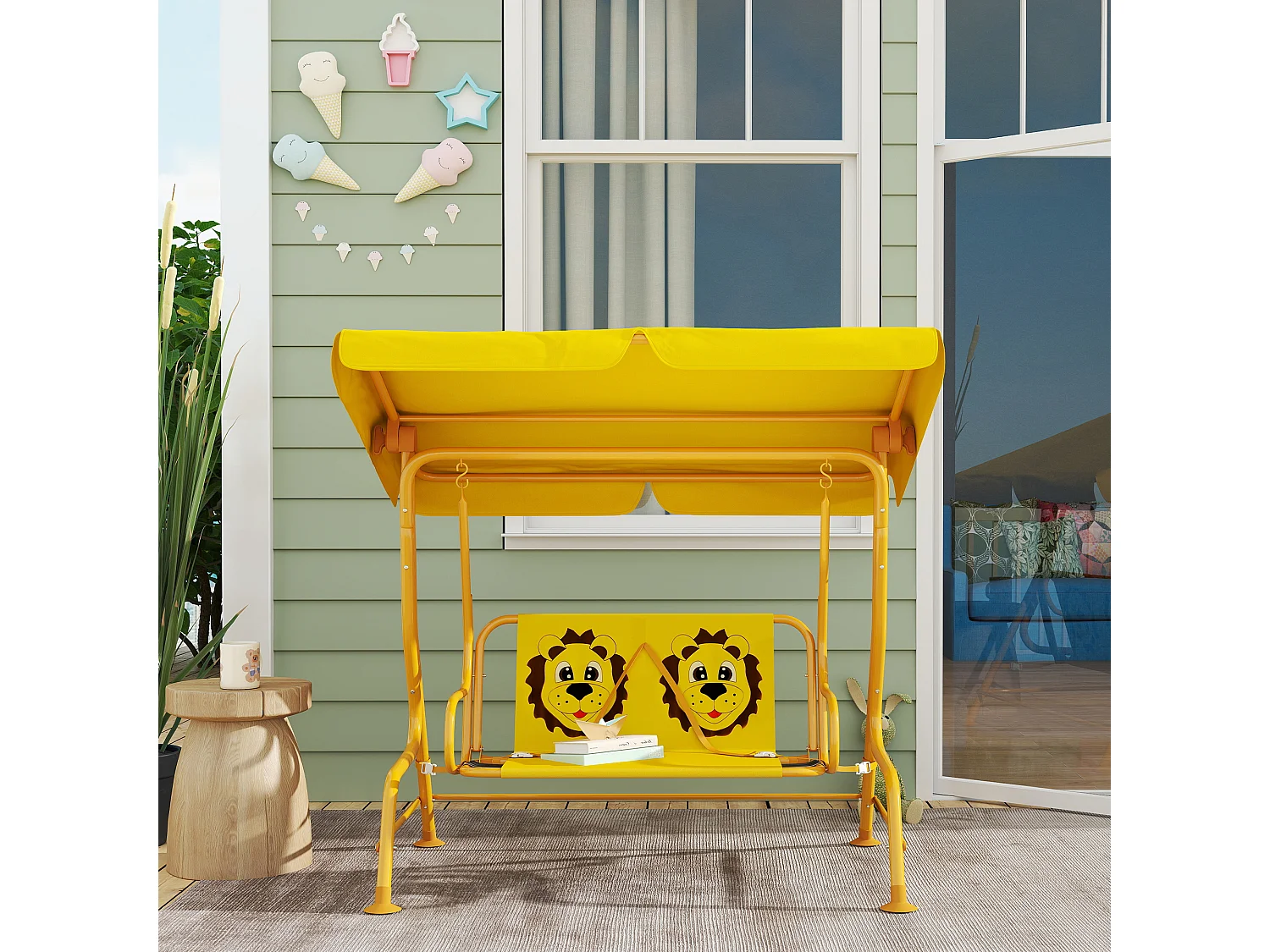 Dondolo per bambini da esterno 2 posti con tettuccio regolabile giallo