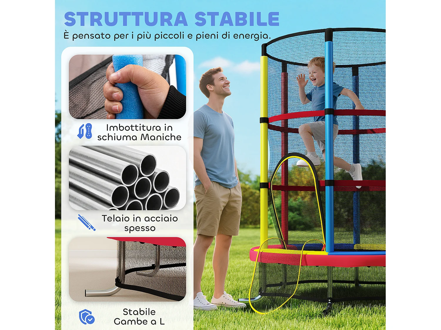 Trampolino per bambini 3-6 anni con rete di sicurezza multicolore