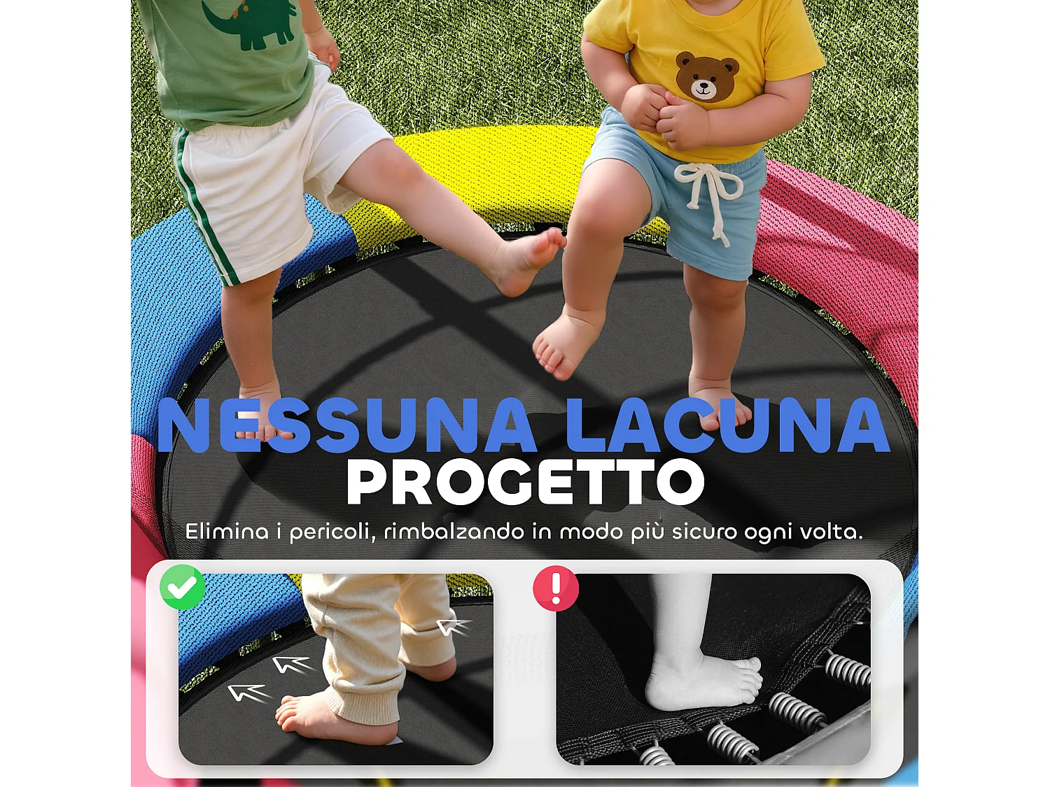 Trampolino per bambini 3-6 anni con rete di sicurezza multicolore
