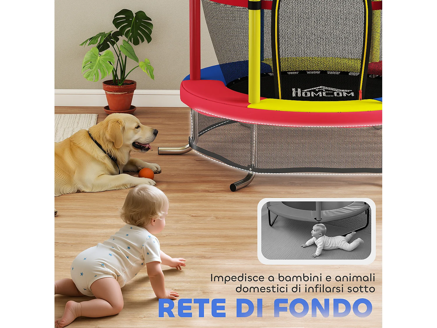 Trampolino per bambini 3-6 anni con rete di sicurezza multicolore