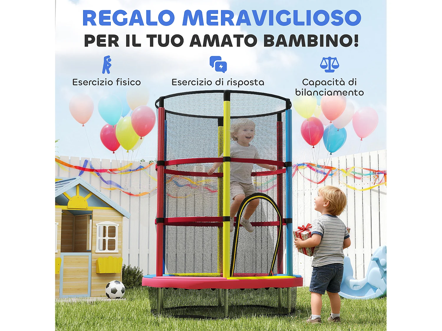 Trampolino per bambini 3-6 anni con rete di sicurezza multicolore