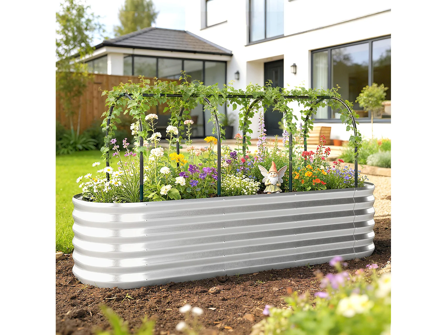 Orto rialzato con graticcio e serra in acciaio colore argento