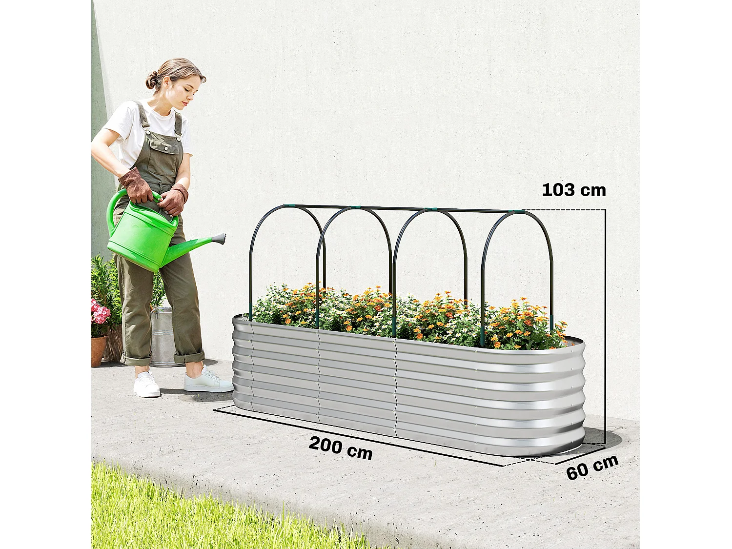 Orto rialzato con graticcio e serra in acciaio colore argento
