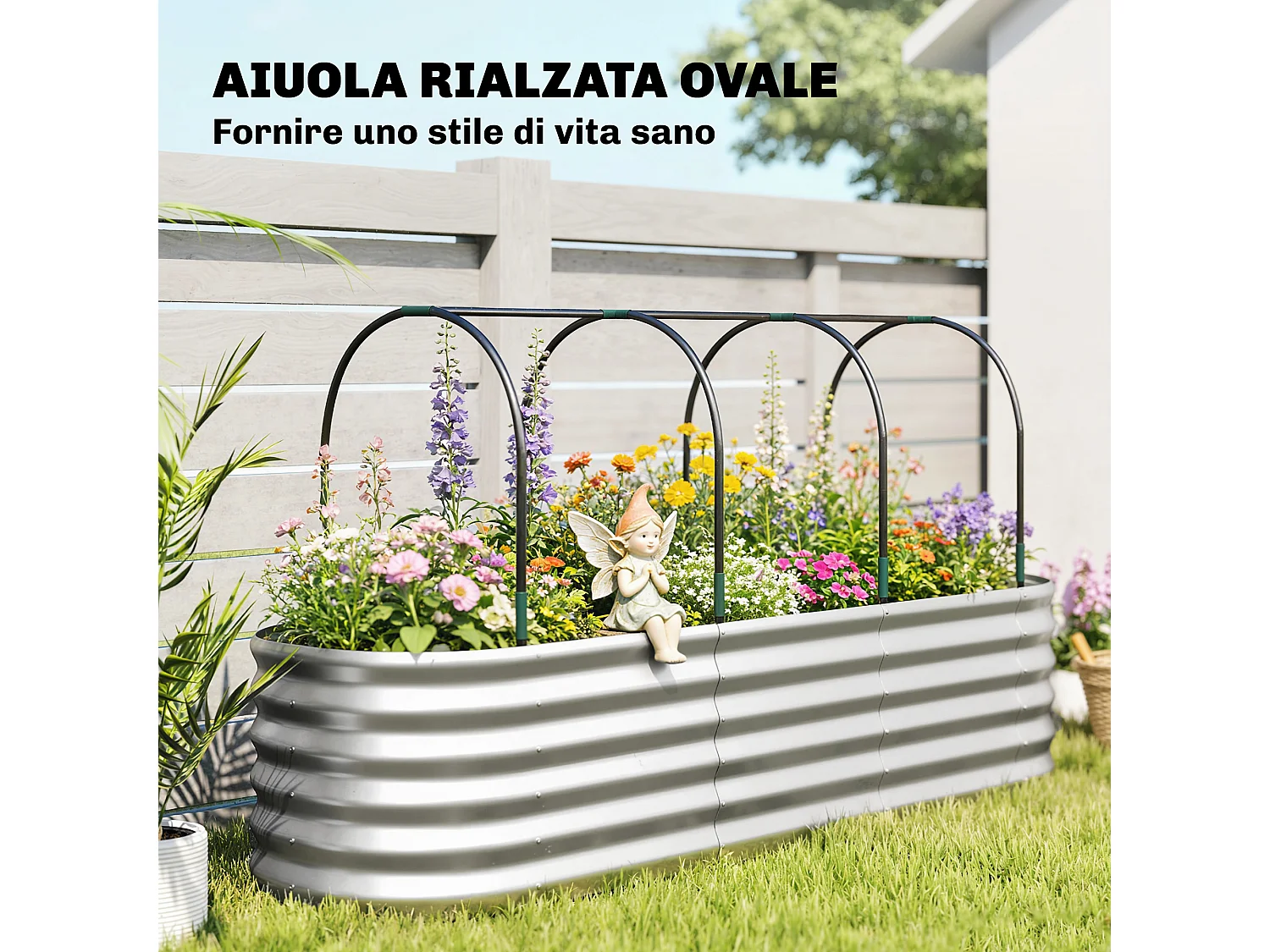 Orto rialzato con graticcio e serra in acciaio colore argento