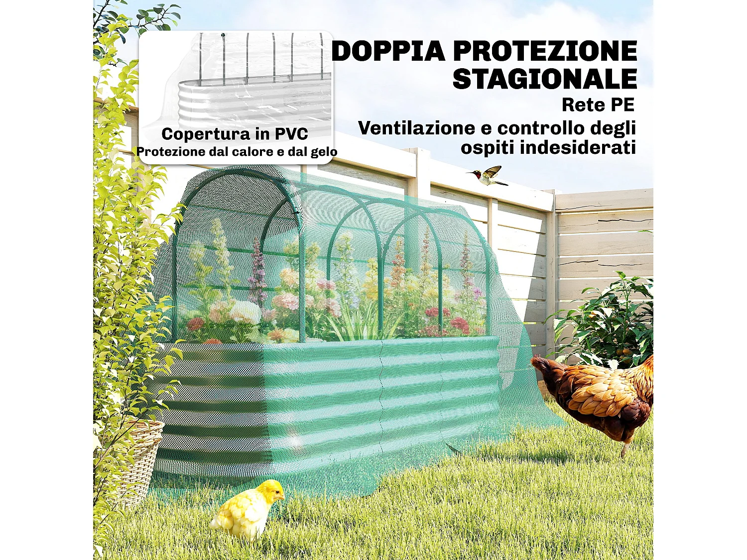 Orto rialzato con graticcio e serra in acciaio colore argento