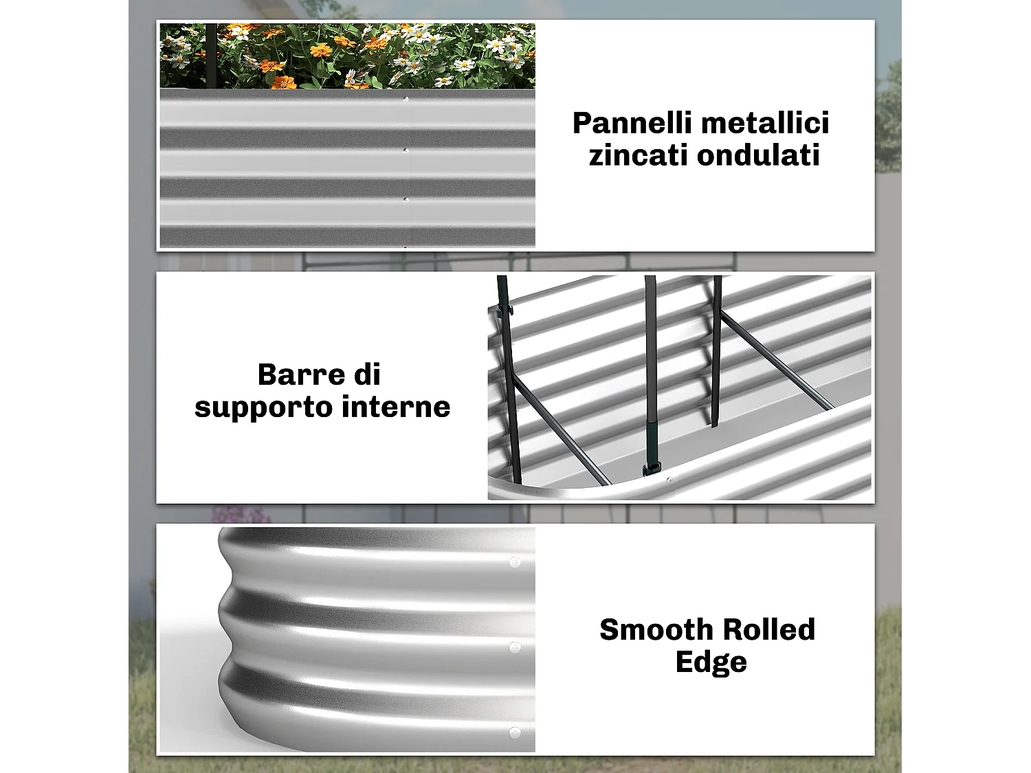 Orto rialzato con graticcio e serra in acciaio colore argento