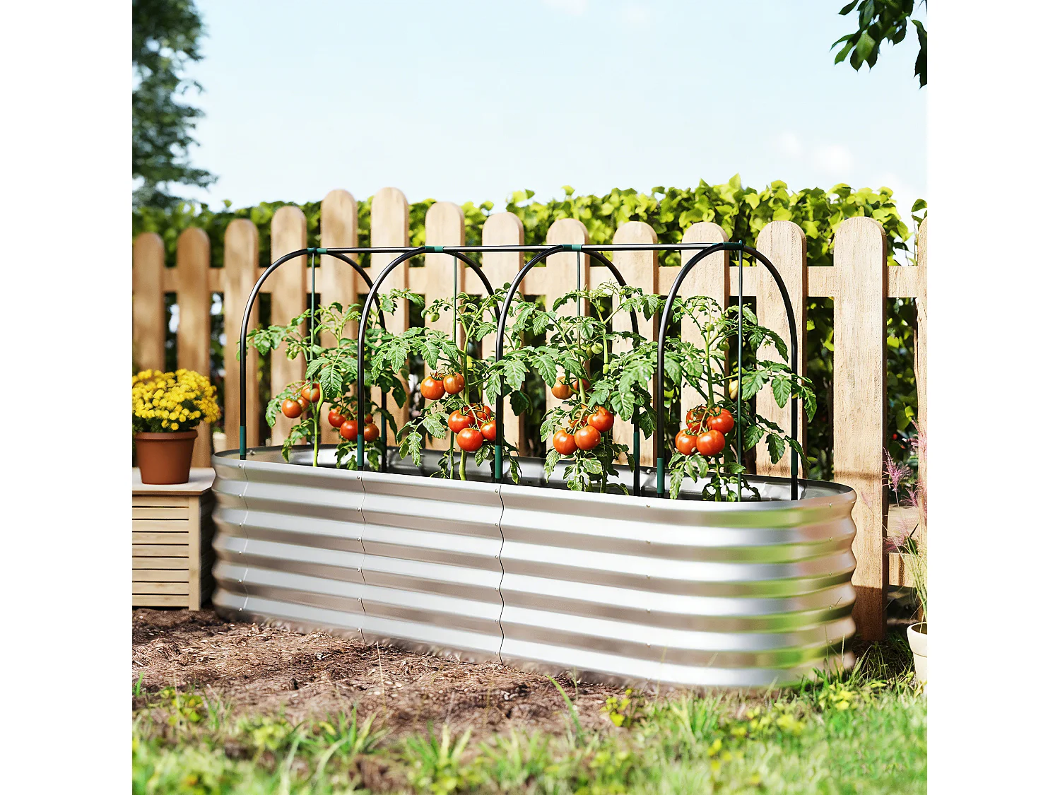 Orto rialzato con graticcio e serra in acciaio colore argento