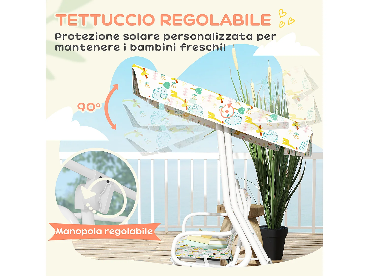 Dondolo per bambini da esterno 2 posti con tettuccio regolabile bianco