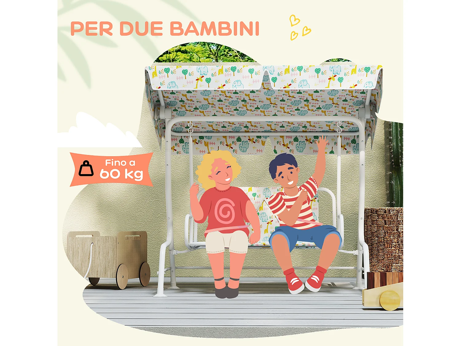 Dondolo per bambini da esterno 2 posti con tettuccio regolabile bianco