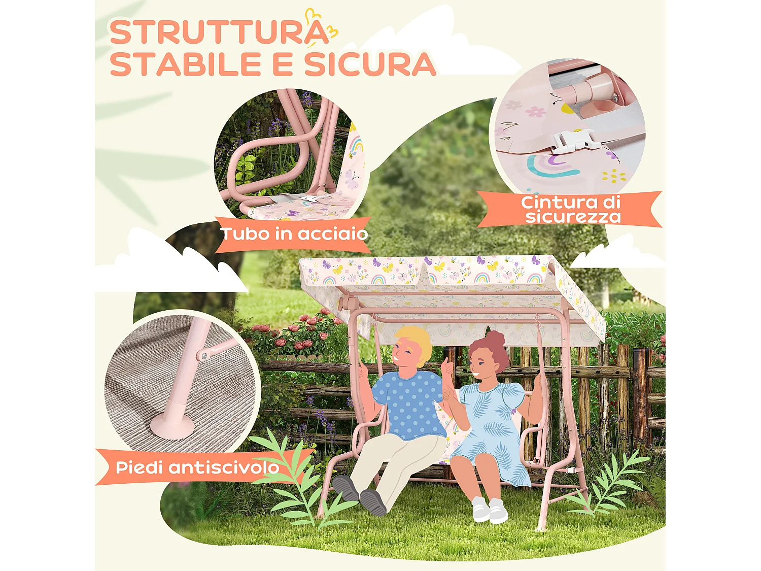 Dondolo per bambini da esterno a 2 posti con tettuccio regolabile rosa