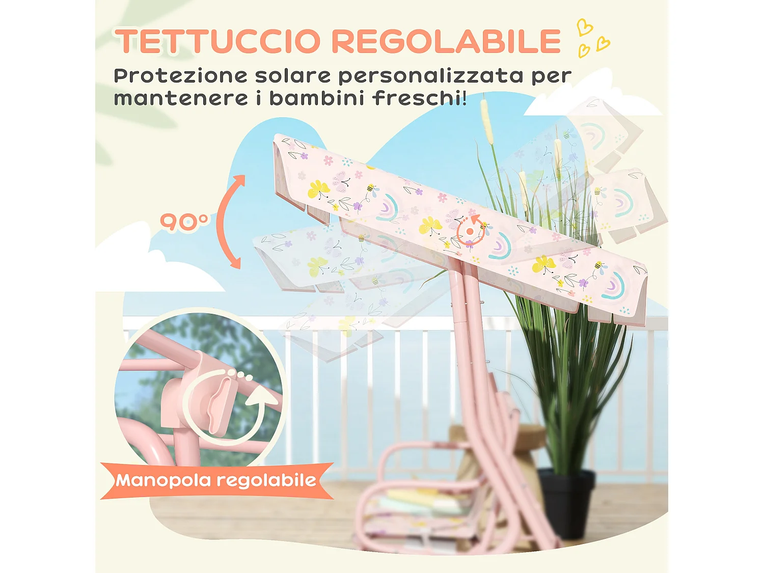 Dondolo per bambini da esterno a 2 posti con tettuccio regolabile rosa