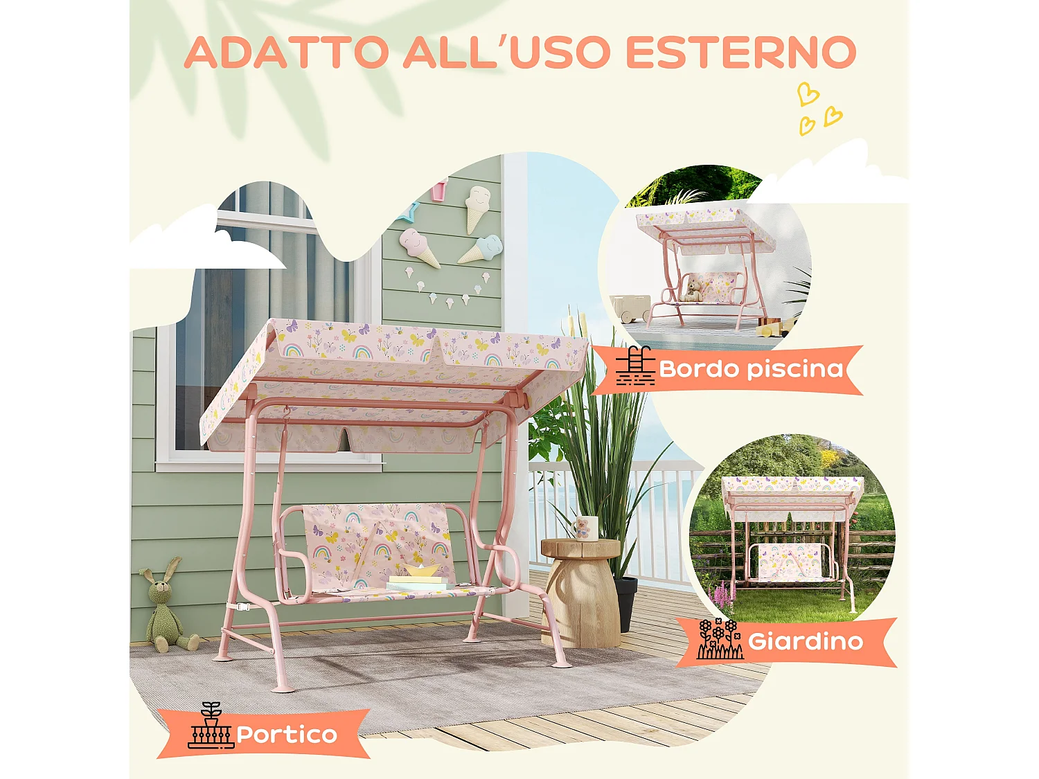 Dondolo per bambini da esterno a 2 posti con tettuccio regolabile rosa