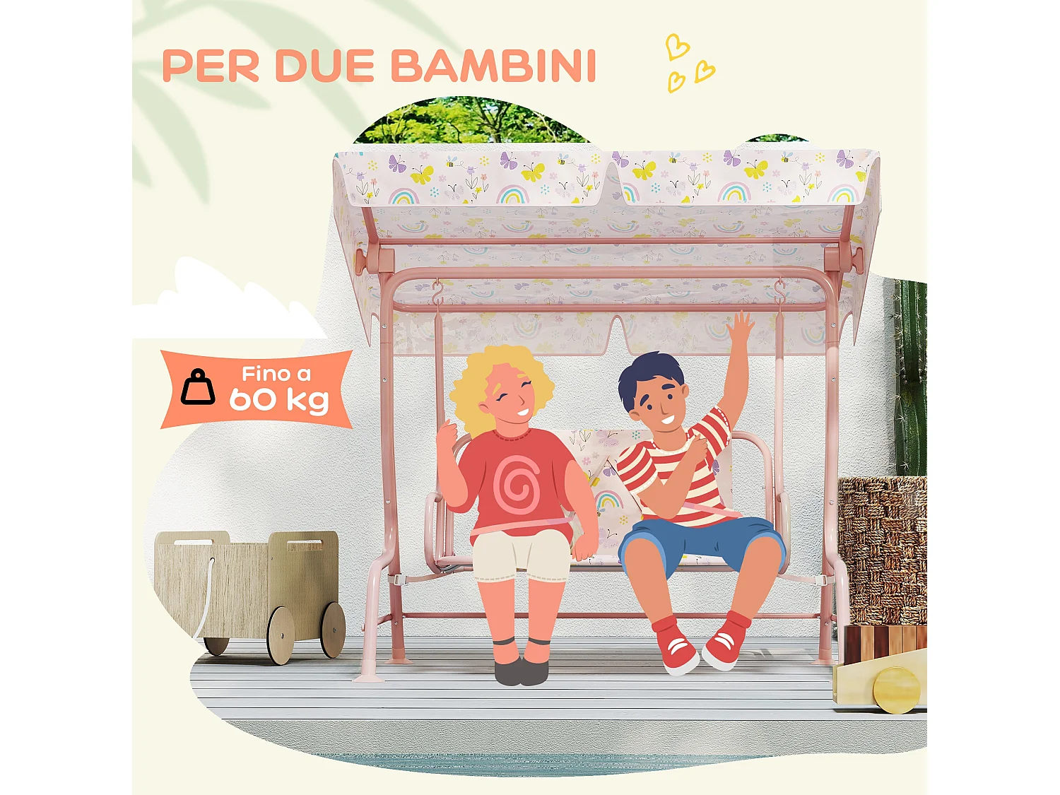Dondolo per bambini da esterno a 2 posti con tettuccio regolabile rosa