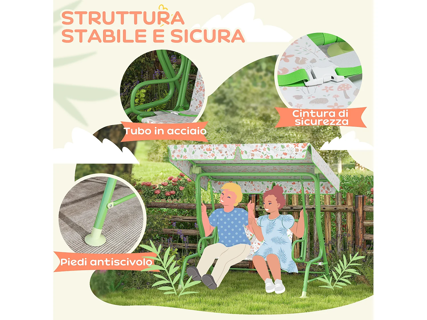 Dondolo per bambini da esterno 2 posti con tettuccio regolabile verde