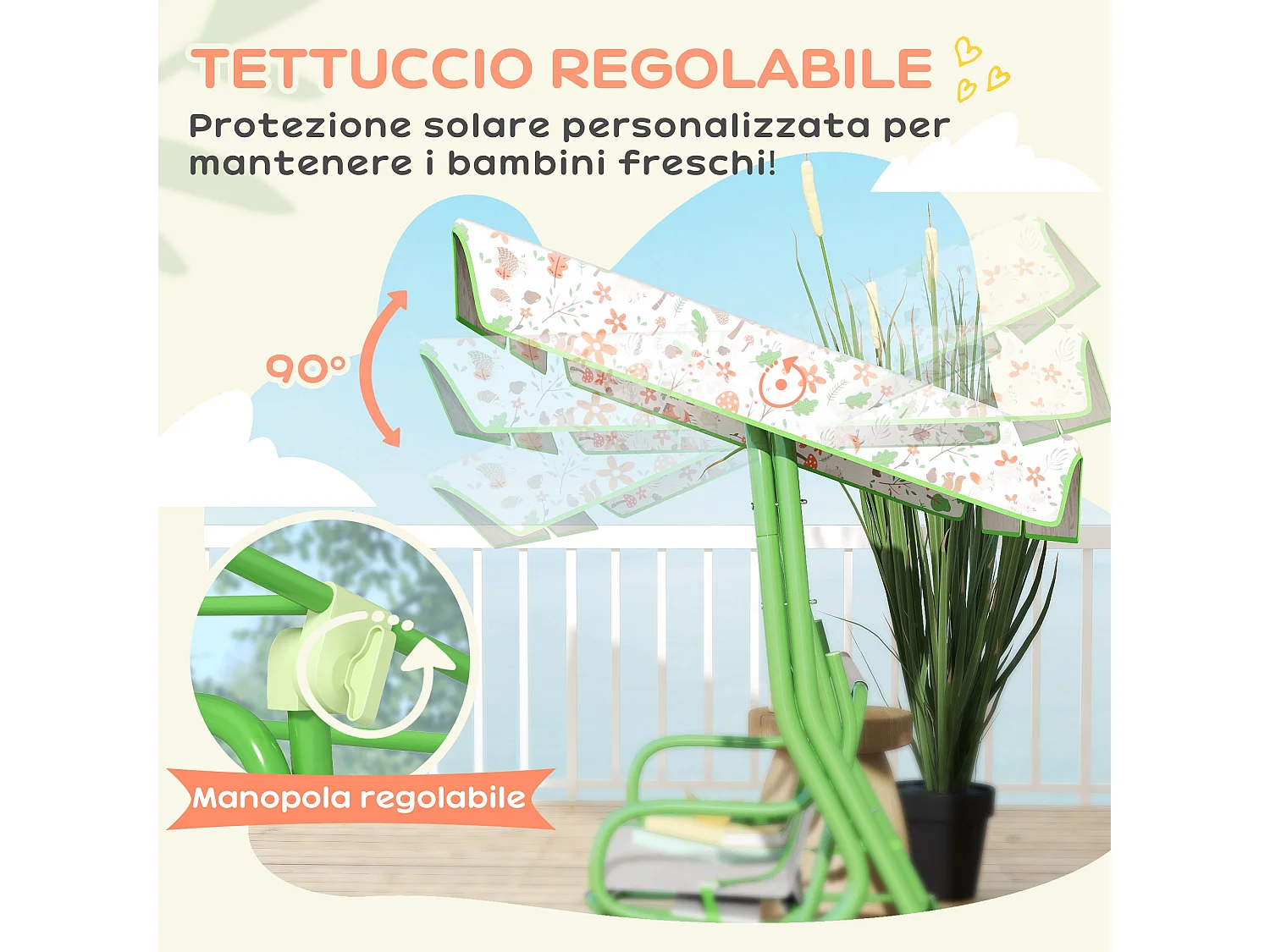 Dondolo per bambini da esterno 2 posti con tettuccio regolabile verde