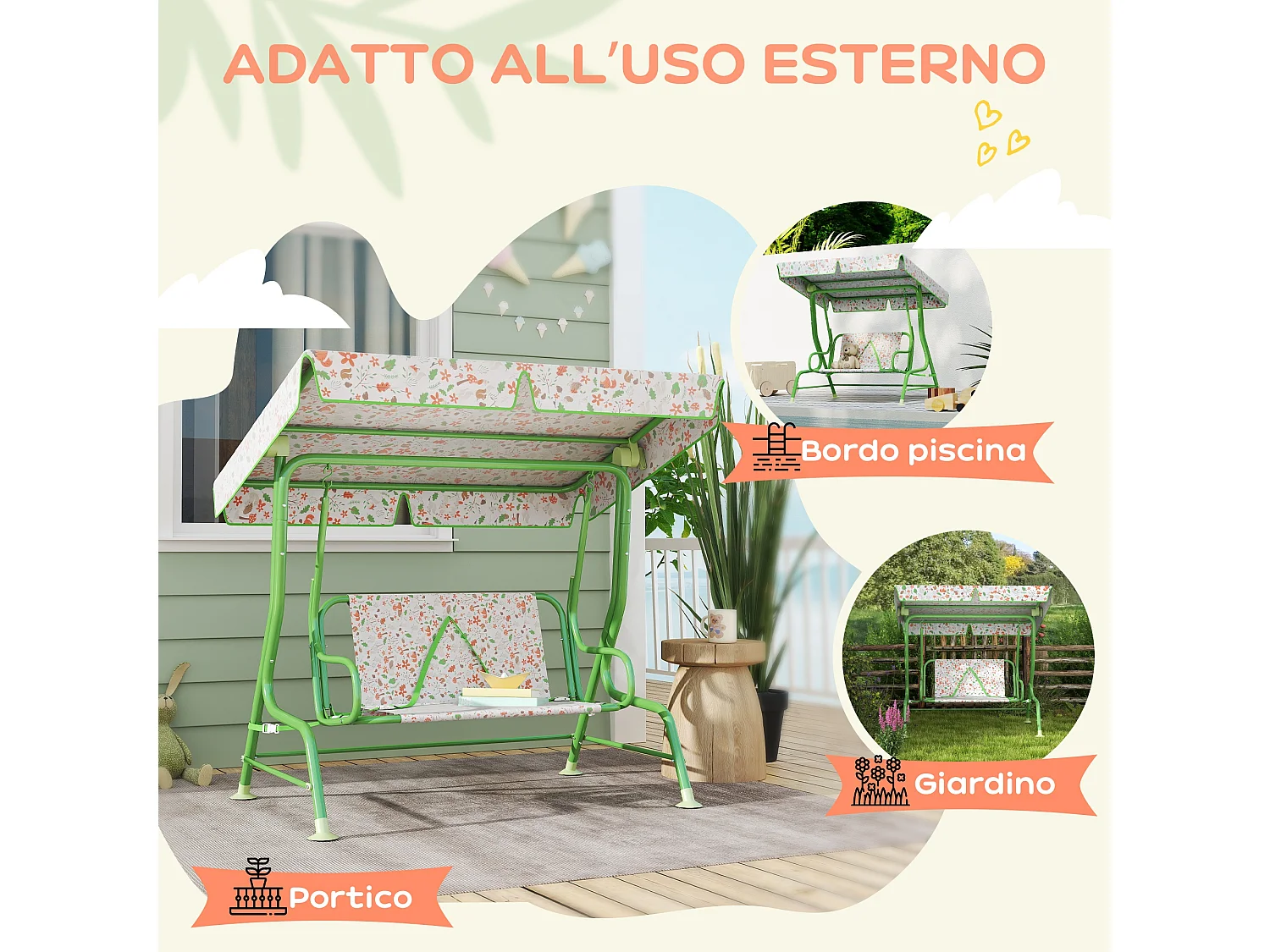 Dondolo per bambini da esterno 2 posti con tettuccio regolabile verde