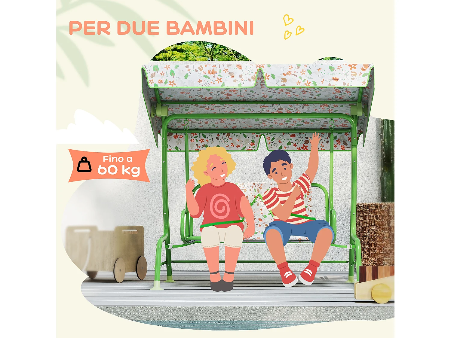 Dondolo per bambini da esterno 2 posti con tettuccio regolabile verde