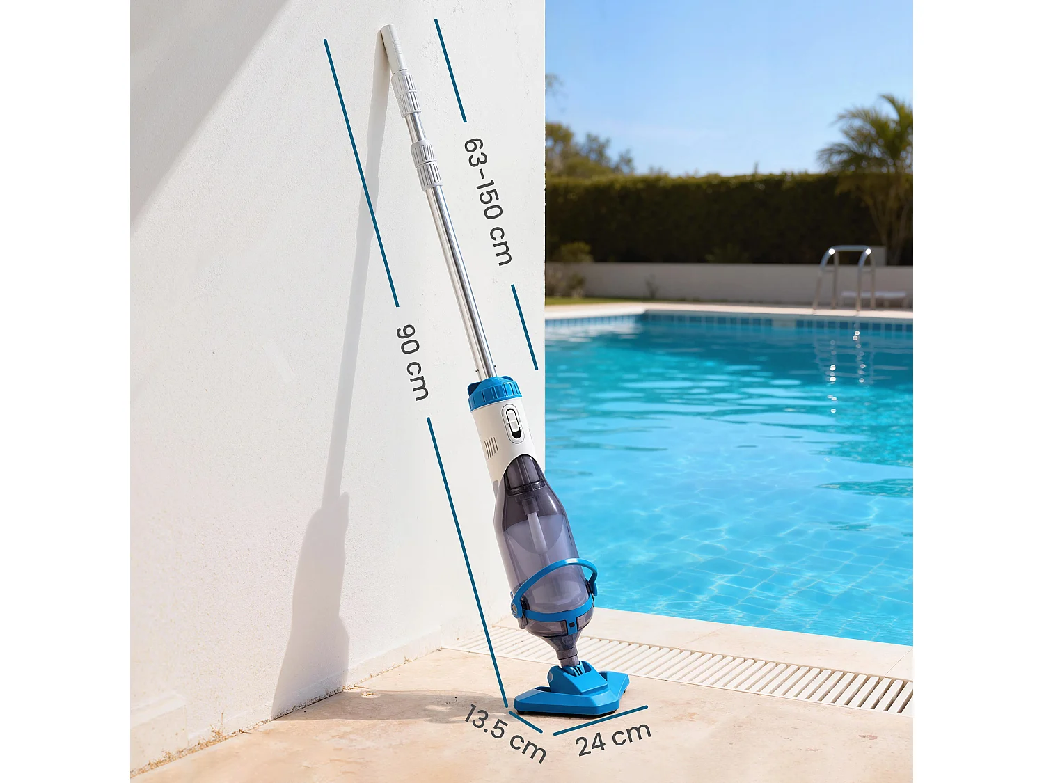 Aspirapolvere per piscina senza fili con asta regolabile 63-150 cm blu