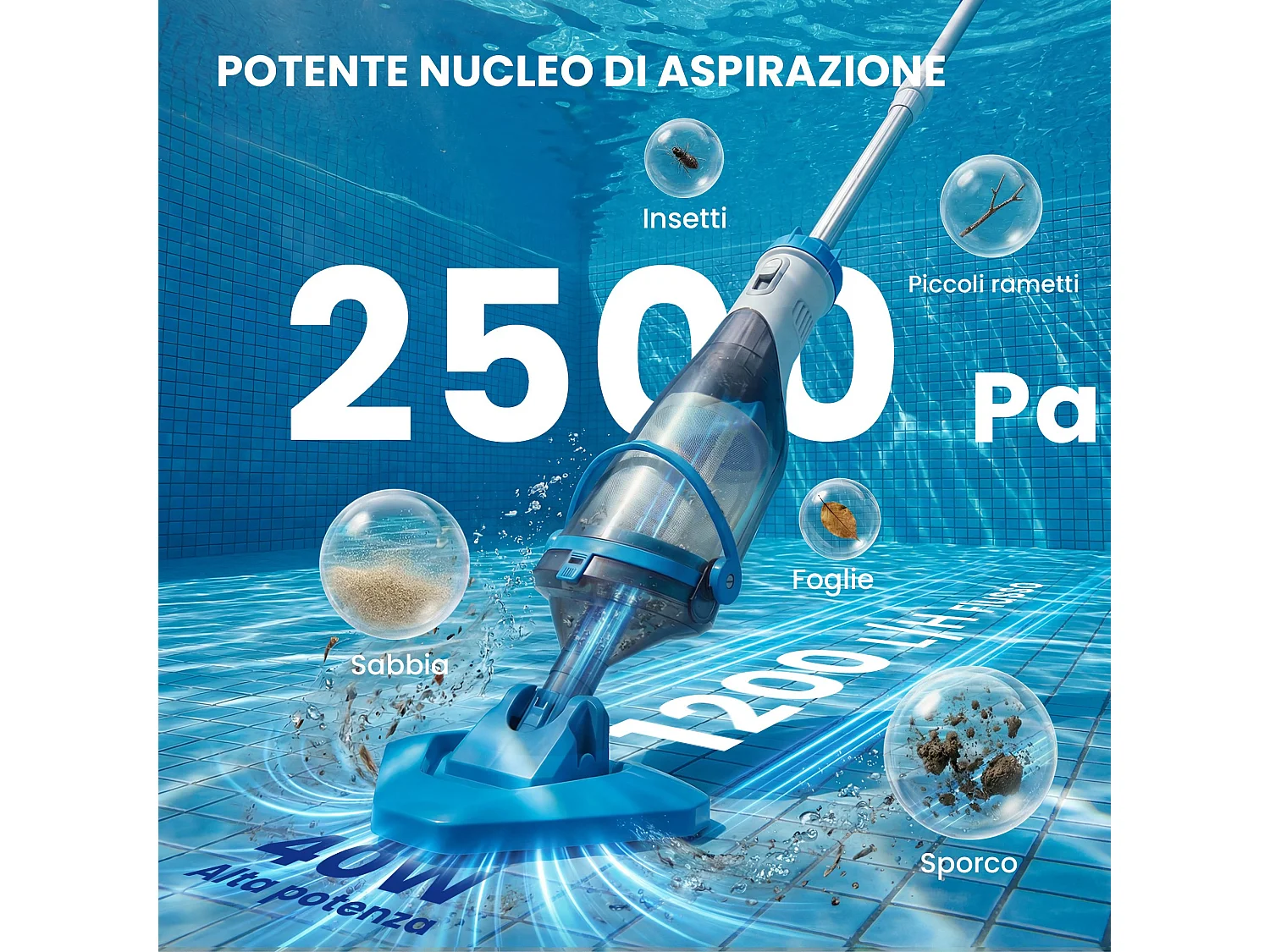 Aspirapolvere per piscina senza fili con asta regolabile 63-150 cm blu