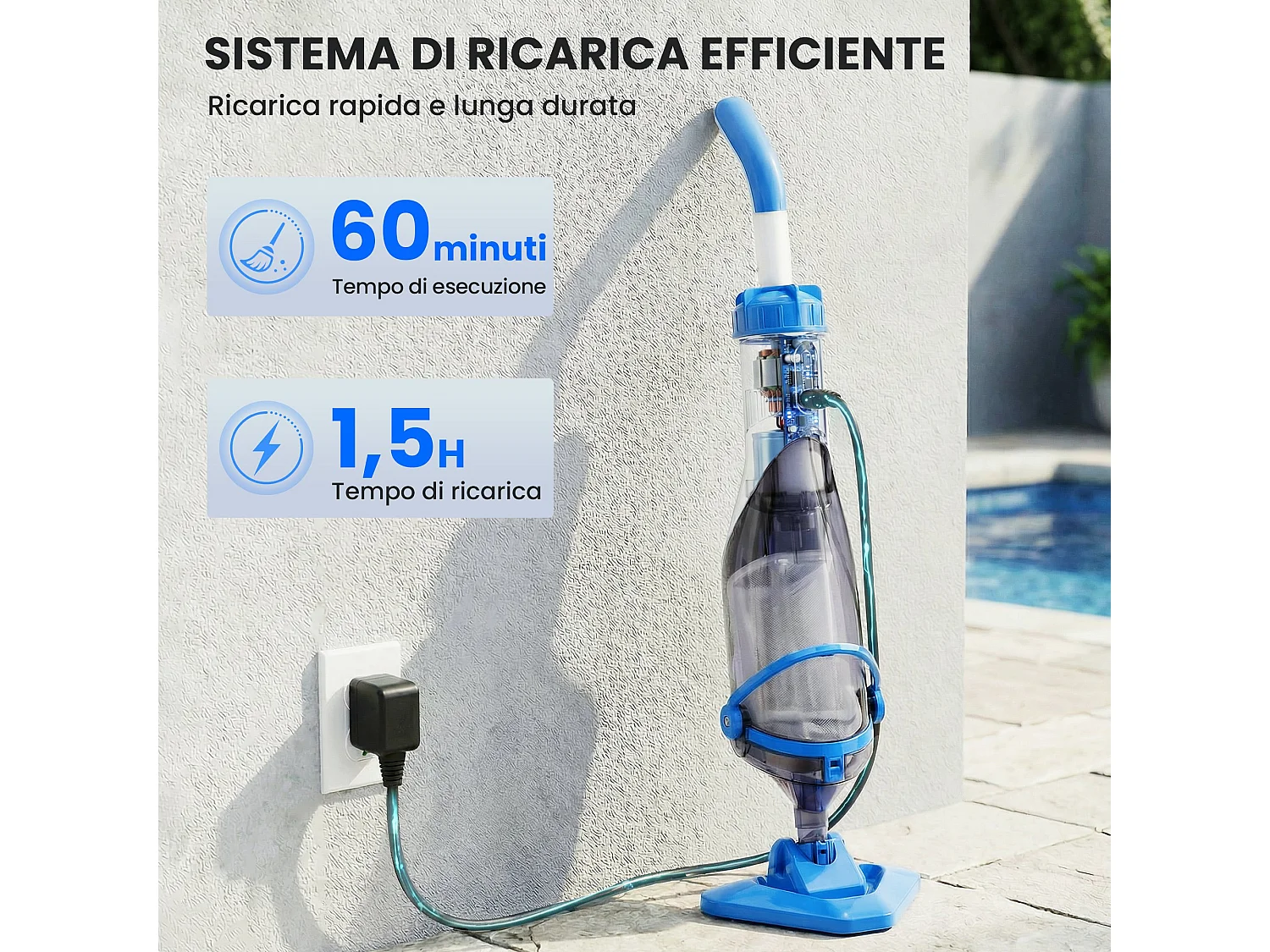 Aspirapolvere per piscina senza fili con asta regolabile 63-150 cm blu