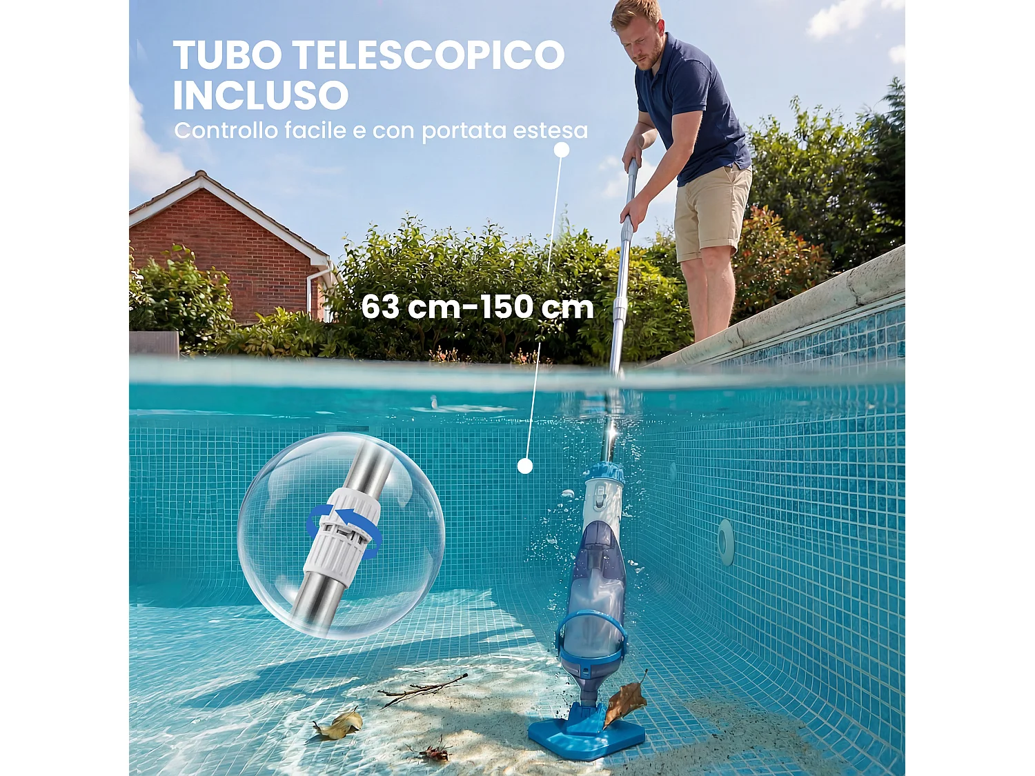 Aspirapolvere per piscina senza fili con asta regolabile 63-150 cm blu