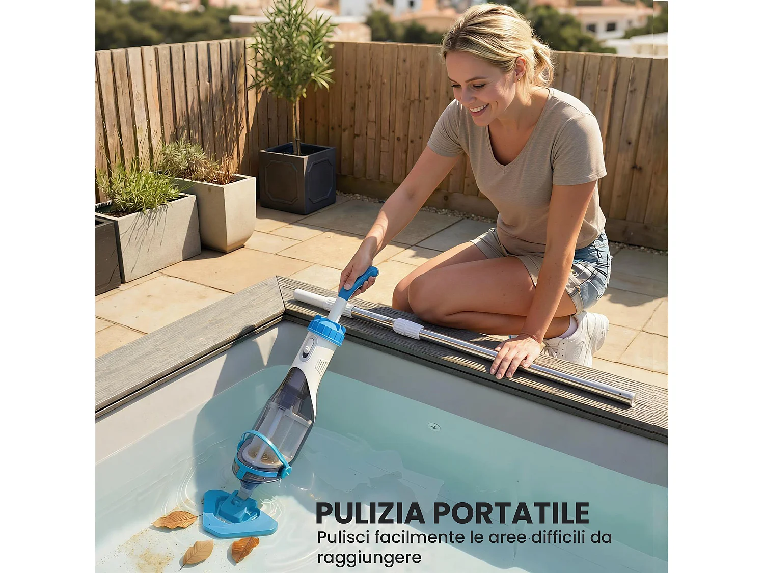 Aspirapolvere per piscina senza fili con asta regolabile 63-150 cm blu