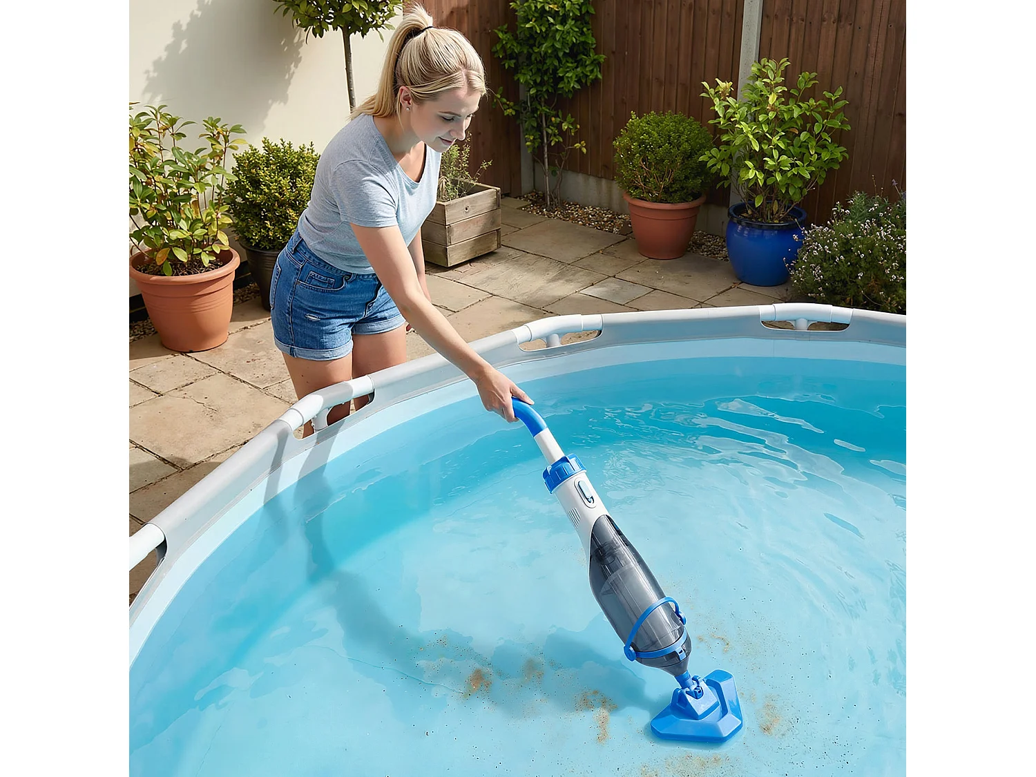 Aspirapolvere per piscina senza fili con asta regolabile 63-150 cm blu