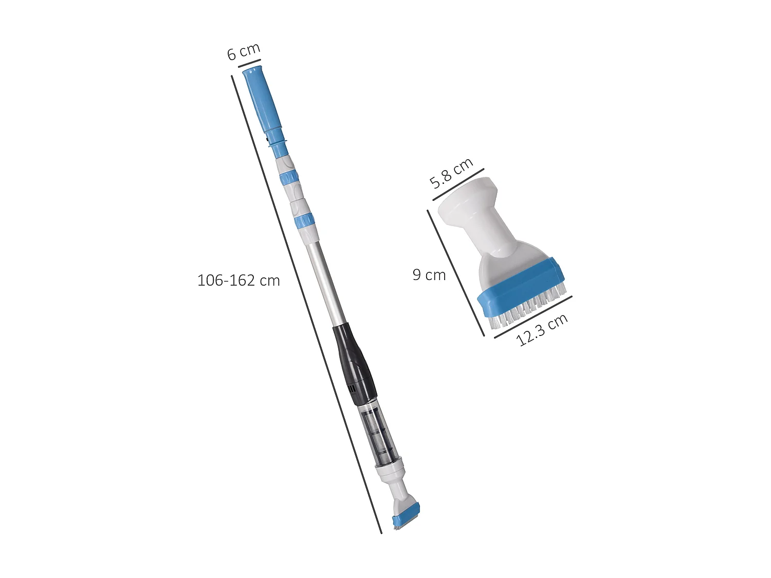Aspirapolvere per piscina portatile e cordless in ABS e alluminio con asta telescopica regolabile a 3 livelli ø6x106-162 cm blu e bianco