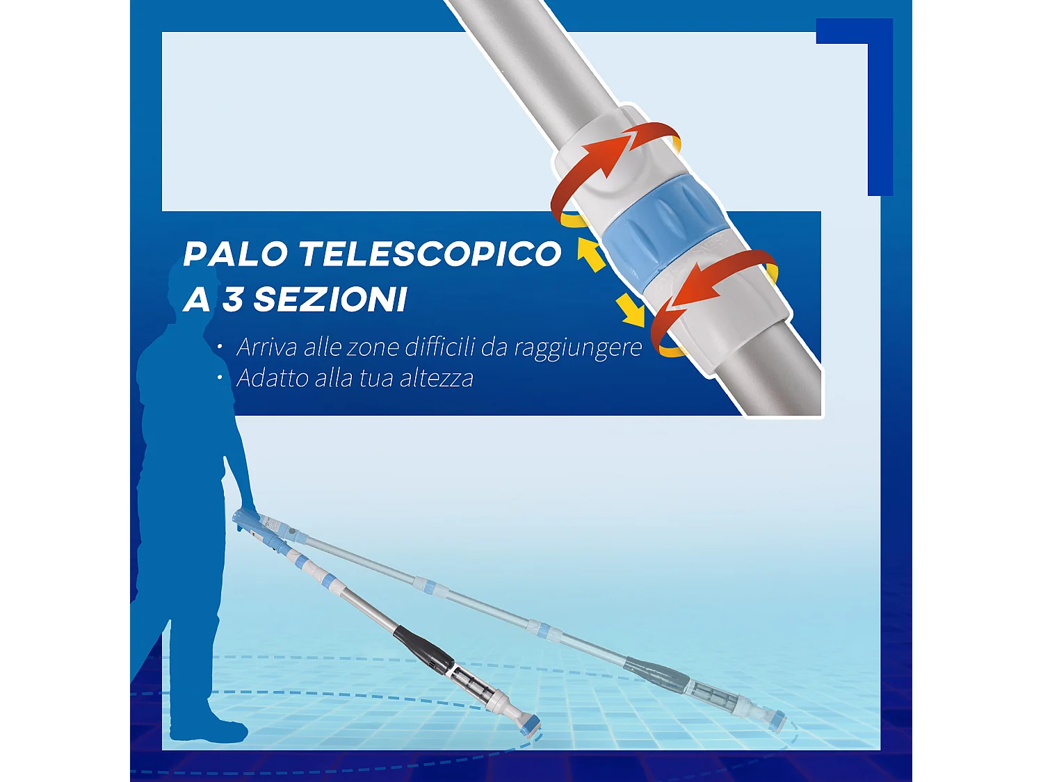 Aspirapolvere per piscina portatile e cordless in ABS e alluminio con asta telescopica regolabile a 3 livelli ø6x106-162 cm blu e bianco