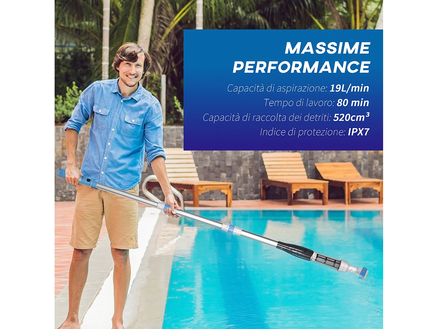 Aspirapolvere per piscina portatile e cordless in ABS e alluminio con asta telescopica regolabile a 3 livelli ø6x106-162 cm blu e bianco