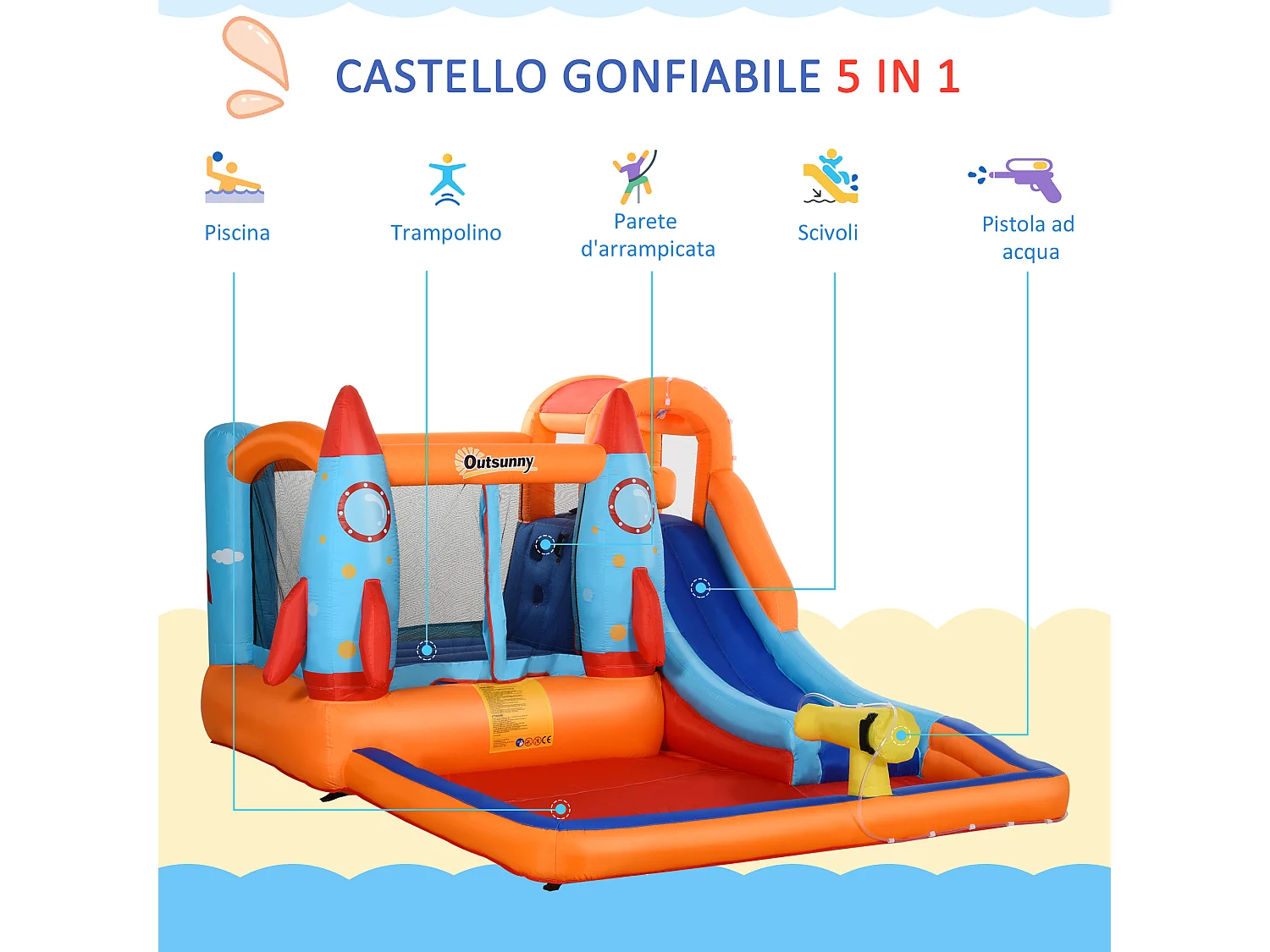 Castello gonfiabile per bambini con scivolo trampolino e gonfiatore