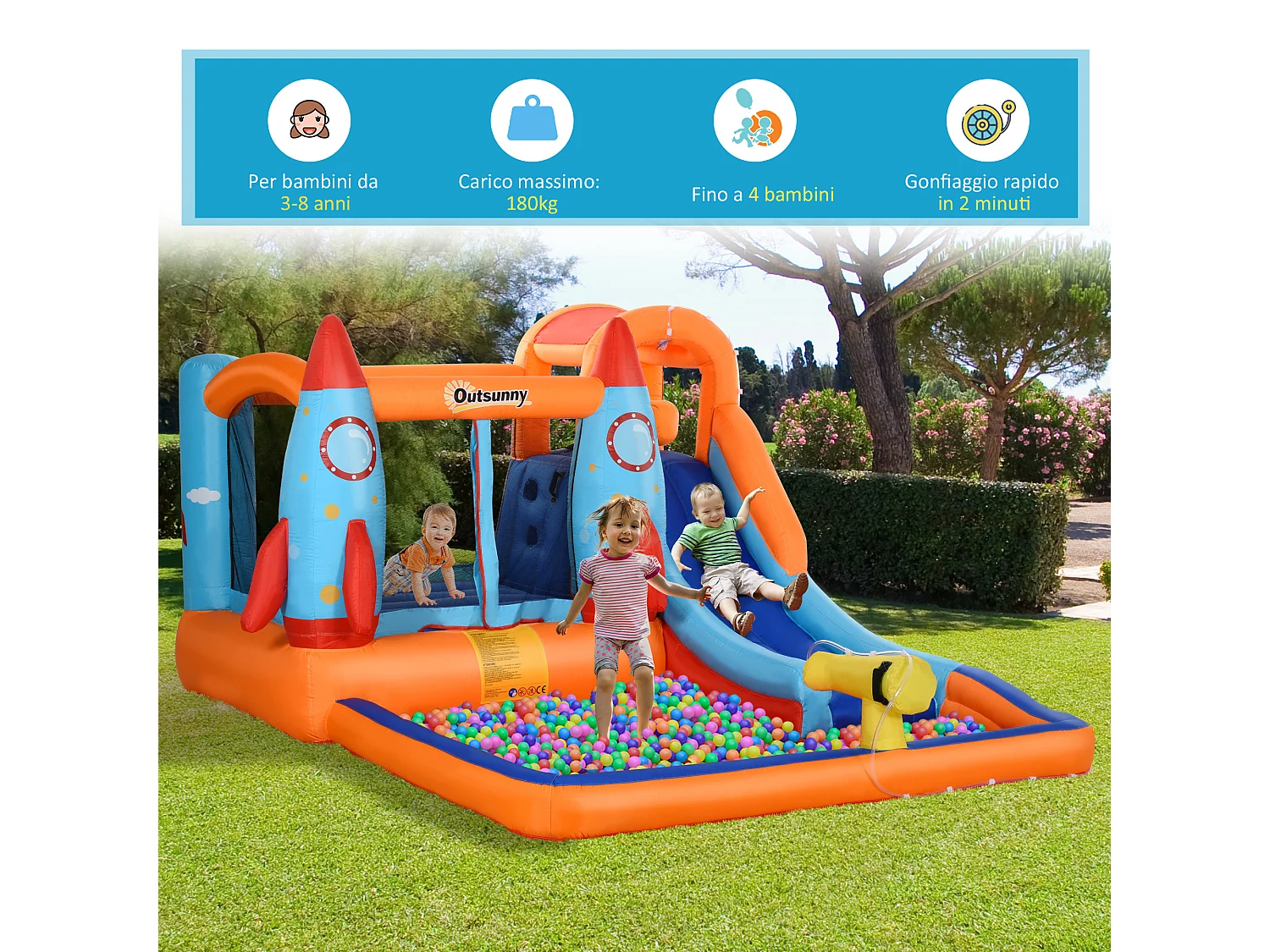 Castello gonfiabile per bambini con scivolo trampolino e gonfiatore