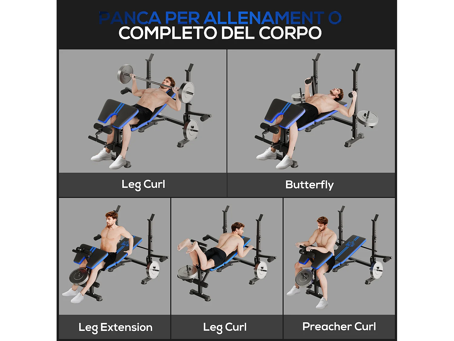 Panca palestra multifunzione con supporto bilanciere in acciaio blu