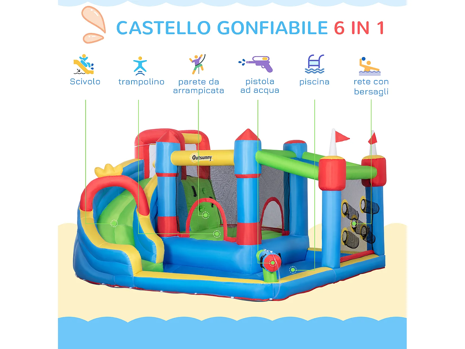 Castello gonfiabile per bimbi con scivolo trampolino piscina
