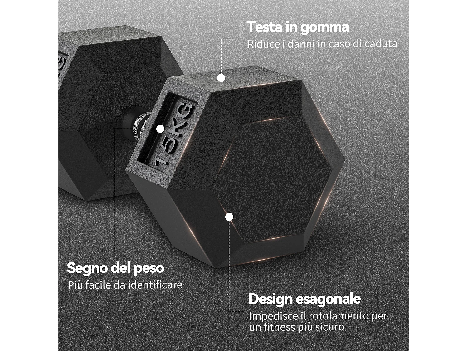 Set 2 manubri pesi esagonali 2x15 kg con impugnatura antiscivolo nero