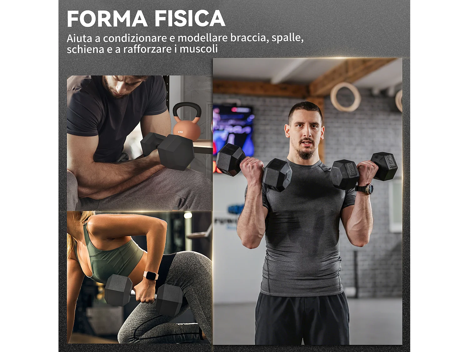 Set 2 manubri pesi esagonali 2x15 kg con impugnatura antiscivolo nero