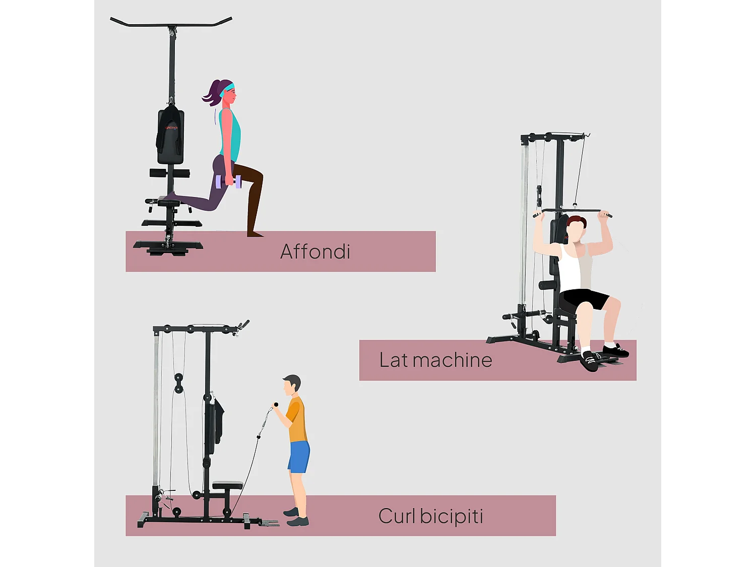 Stazione fitness multifunzione con lat machine in acciaio nero