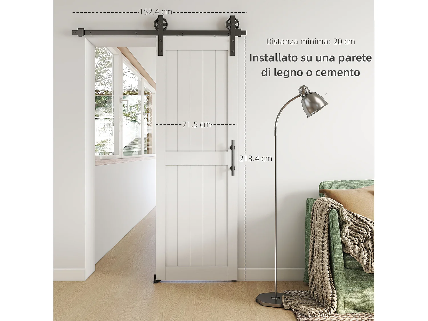 Porta scorrevole in stile country 71.5x213.4cm legno e acciaio bianco
